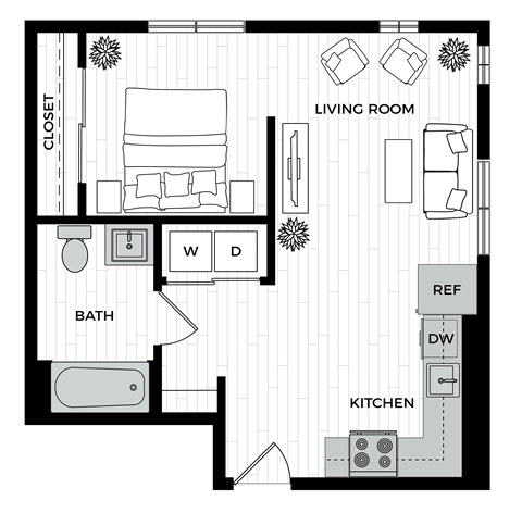 Floor plan for 1 bed, 1 bath, 583 sqft